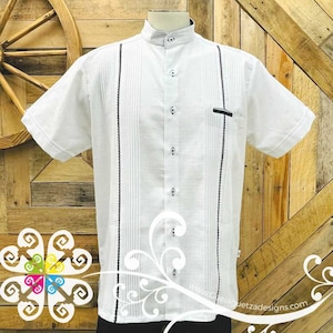 White with Black Lines Picuela Guayabera - Short Sleeve Linen Guayabera - Mexican Guayabera - Guayabera de Lino