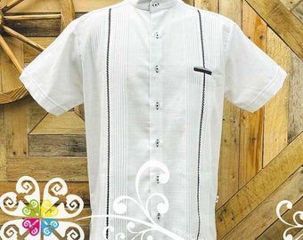 White With Black Lines Picuela Guayabera Guayabera De Lino