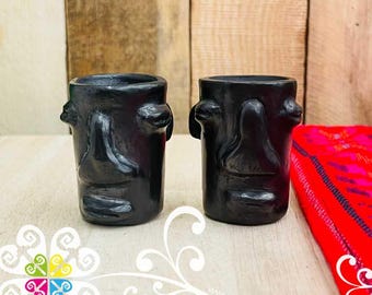 Set of 2 Olmeca Tall Black Clay Shot- Tequilero - Barro Negro Oaxaca