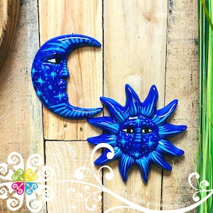 Piccolo set sole e luna blu reale - Decorazione da parete - Autentico arredamento messicano per la casa - Decorazione per patio