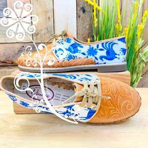 Artisan Leather Women Loafers - Mexican Shoe - Blue Otomi Birds Design