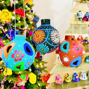 Set of 3, Set of 6 - Mexican Clay Ornaments - Hand Painted Ornaments - Authentic Guerrero Ornaments