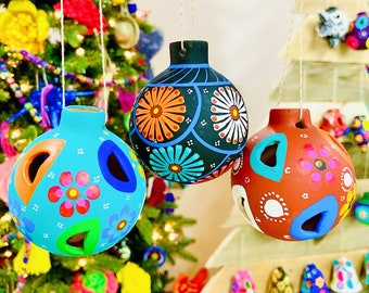 Set of 3, Set of 6 - Mexican Clay Ornaments - Hand Painted Ornaments - Authentic Guerrero Ornaments