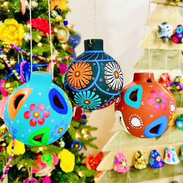 Set of 3, Set of 6 - Mexican Clay Ornaments - Hand Painted Ornaments - Authentic Guerrero Ornaments