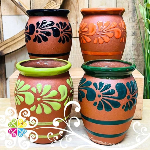 Set of Multicolor 4 Plumeado Cantarito Cup - Clay Cantarito Cup - Michelada Cup - Cantarito Barro Mexico