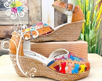 Natural Mandala Mosaic Leather Wedgers Shoes - Mexican Shoes - Spring Platform shoes