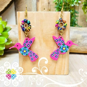 Colibri Wood Earrings - Palm Earrings - Mexican handmade earrings - Arete Artesanal