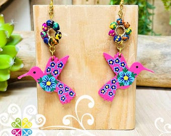 Colibri Wood Earrings - Palm Earrings - Mexican handmade earrings - Arete Artesanal