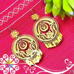 Gold Large Filigrana Mexican Earrings - Tehuana Earrings - Authentic Oaxaca Jewelry - Mexicans Filigree Earrings - Folkloric Dance