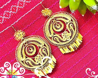 Gold Large Filigrana Mexican Earrings - Tehuana Earrings - Authentic Oaxaca Jewelry - Mexicans Filigree Earrings - Folkloric Dance