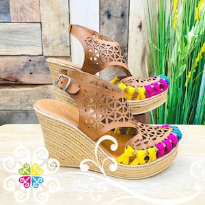 Natural Zig Zag Triangle - Wedges Women Shoes - Leather Mexican Shoes