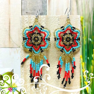 Beaded Geranium Flower Earrings - Handmade Mexican Earrings - Aretes Chaquira