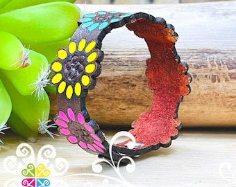 Large Sunflower Leather Bracelet - Mexican Bracelet - Unique Gift