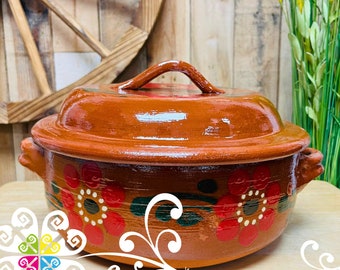 Large Flor Cazuela Barro con Tapa - Mexican Kitchen - Barro Mexicano - Authentic Mexican Home - Mexican Clay