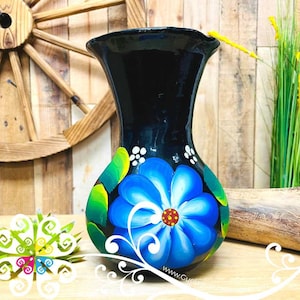 Large Black Clay Hand Painted Vase - Barro Negro Oaxaca - Authentic Mexican Home Decor