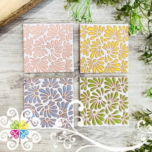 Set of 4 Square Plumeado Mix Coaster Set - Set of Clay Coasters - Cielito Lindo Mexican Decor