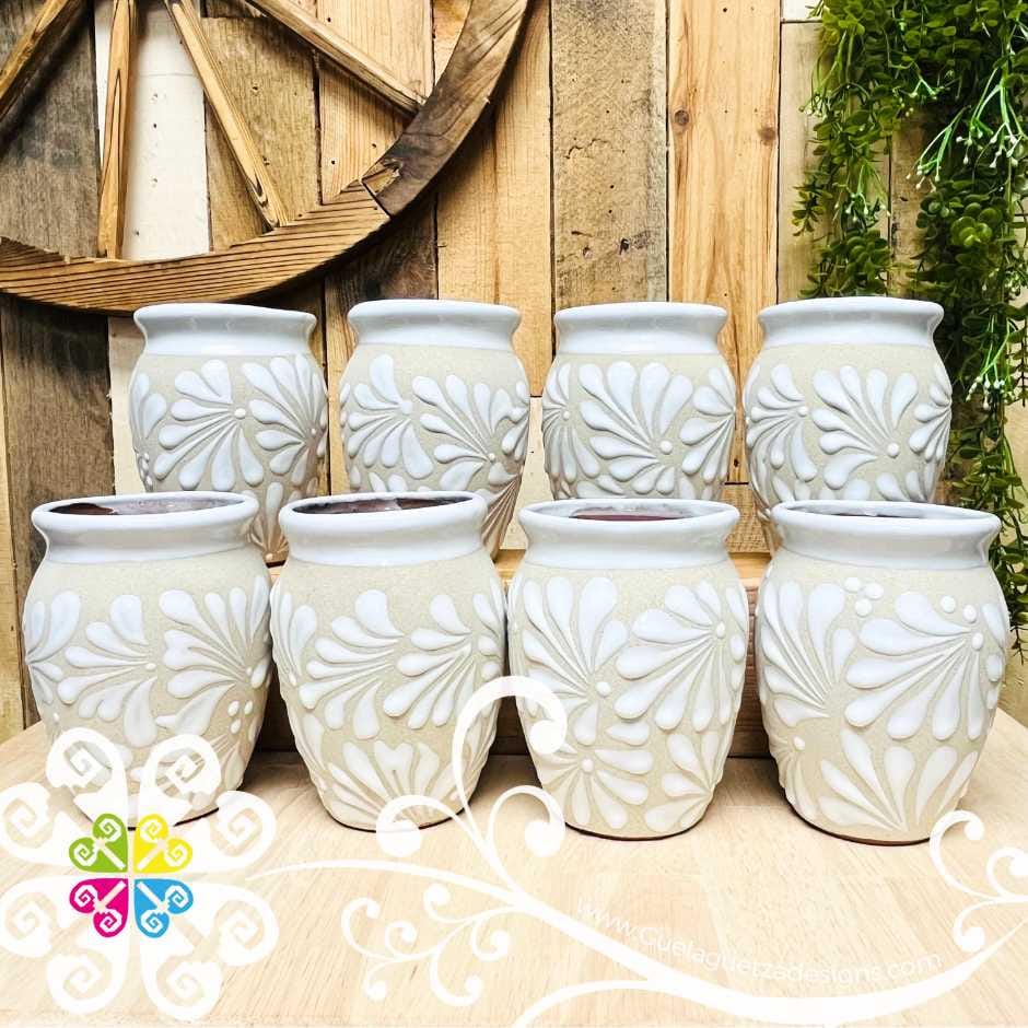 Set of White Espiga Plumeado Cantarito Cup - Set Clay Cantarito- 5 de Mayo - Mexican Authentic Cup  - Cielito Lindo Theme