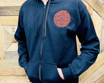 Black Embroider Men Hoodie - Aztec Calendar