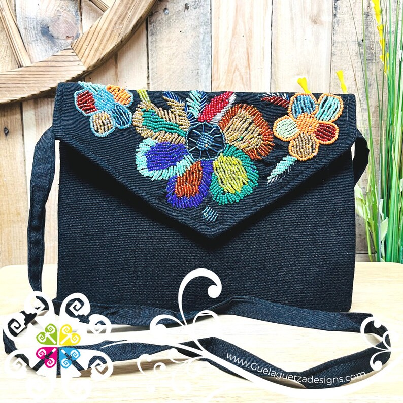 Beaded Boho Crossover - Mexican Bag - Women crossbody Bag Black Daisy