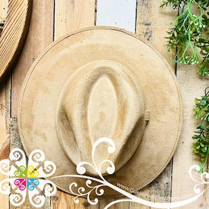 May include: A tan suede cowboy hat with a wide brim and a slightly indented crown. The hat is hanging on a wooden wall.