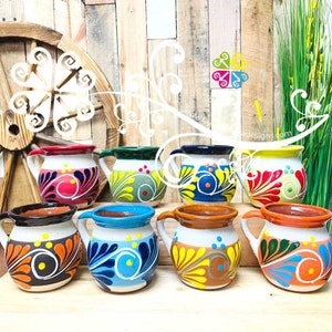 Set of 8 Feathers Decorated Mexican Clay Mugs - Jarrito Mexicano - Mexican Authentic Clay