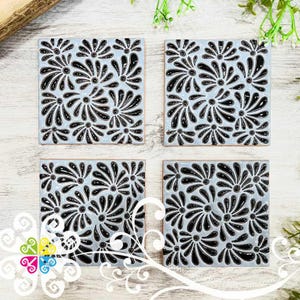 Set of 4 Square Plumeado Coaster Set - Set of Clay Coasters - Cielito Lindo Mexican Decor