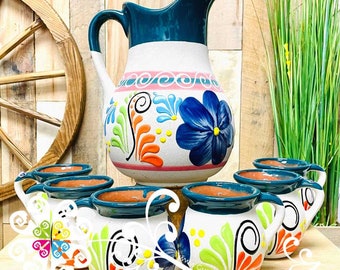 Clay Pato Pitcher Set with 6 Mugs - Mexican Authentic Clay Decor