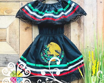 Black Bandera Children Dress - Mexican Campesino Dress - Mexican Children Dress - 5 de Mayo Dress