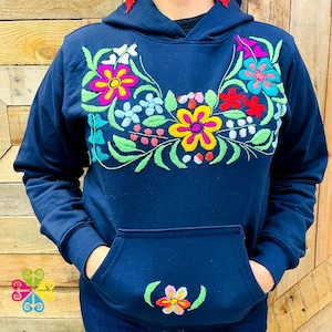 Navy Blue Women Hoodie - Handmade Bordado