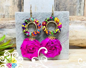 Boucles d'oreilles médaillon rose enveloppe de maïs - Boucles d'oreilles uniques faites main - Aretes mexicain