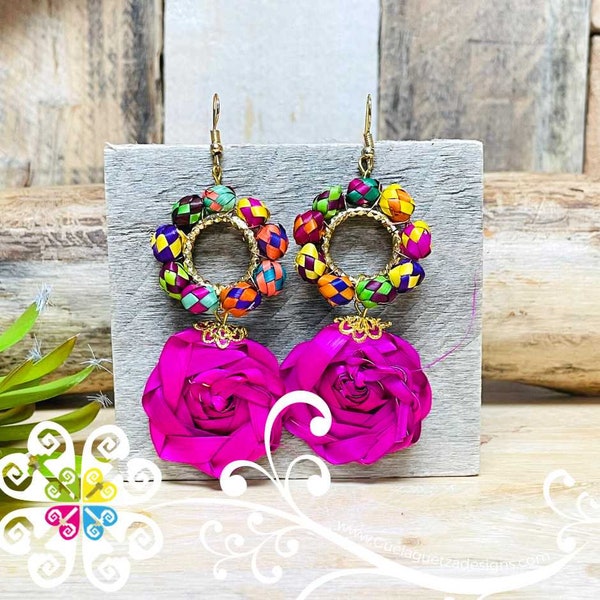 Medallion Rose Corn Husk Earrings - Unique Handmade Earrings  - Mexican Aretes