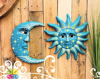 Medium Teal Sun & Moon Set - Wall Decor