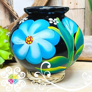 Medium Painted Cantarito Black Clay Vase - Barro Negro Oaxaca - Authentic Mexican Clay - Home Decor
