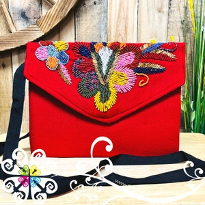 Beaded Boho Crossover - Mexican Bag - Women crossbody Bag Red Morning Glory