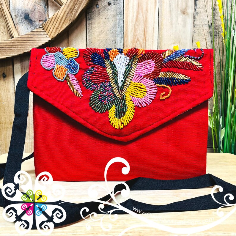 Beaded Boho Crossover - Mexican Bag - Women crossbody Bag Red Morning Glory