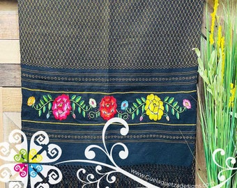 Tehuana Embroider Scarf- Artisan Pedal Loom Shawl - Mexican Rebozo