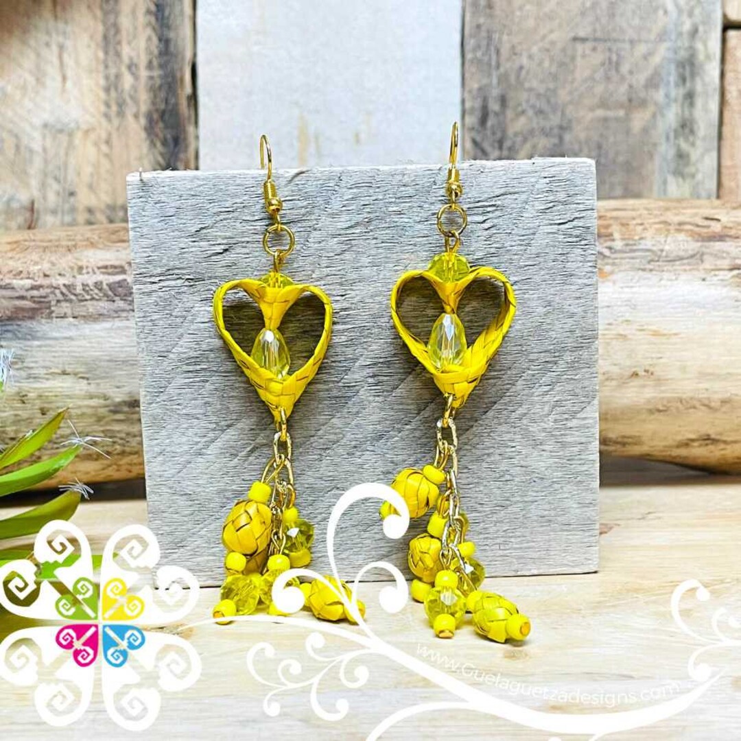 Crystal Heart Corn Husk Earrings Unique Handmade Earrings Mexican