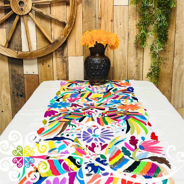 Large Multicolor Otomi Table Runner - Tenango Embroider - Mexican Table Runner - Camino de Mesa Bordado Otomi