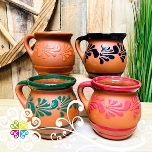 Set of 4 Plumeado Mexican Clay Mugs - Jarrito Mexicano - Authentic Mexican Clay - Barro Mexicano