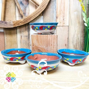 Blue Set of 4 Small Molcajete Barro - Mexican Kitchen - Molcajete Set - Mexican Clay Bowl