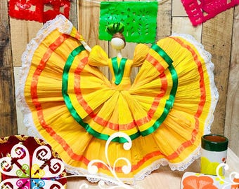 Large Corn Husk Mexican Doll  - Authentic Decor - Wide Skirt