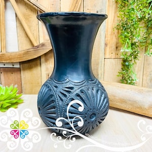 Large Cartuchero Black Clay Vase - Barro Negro Oaxaca- Barro Artesanal - Mexican Decor