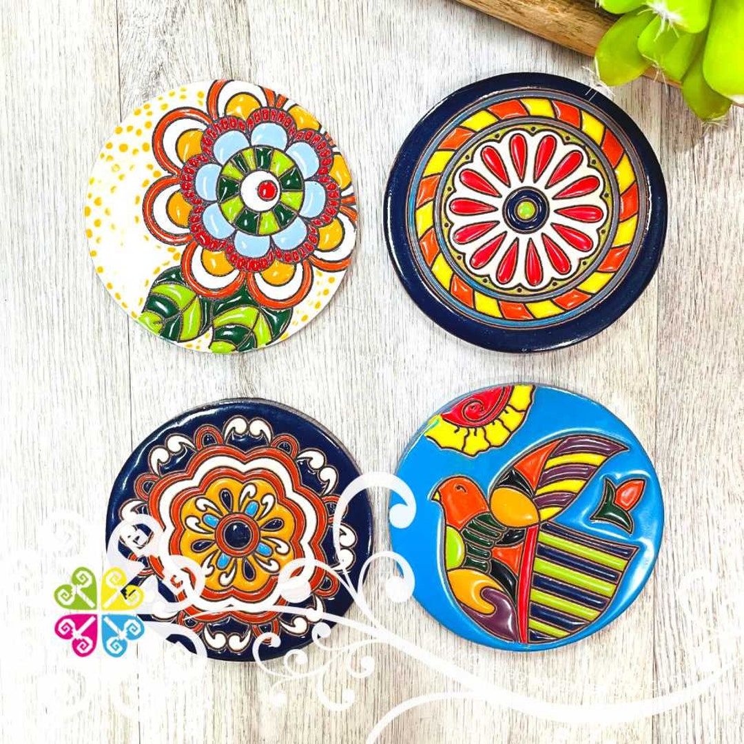 Round Set of 4 Coasters Mexican Coaster Tile Etsy