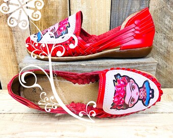 Red Frida Leather Shoes - Mexican Shoes - Women Flat shoes