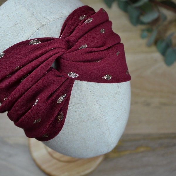 Bandeau Cheveux Turban Femme Crêpe Adulte Grenat Or