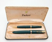 Vintage Parker Dufold pen set forest green original Parker poker dot case 1960s