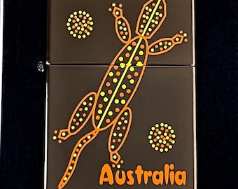 2003 Australia Gecko Zippo Lighter: Aboriginal Dot Art, Brown Ice - Like New