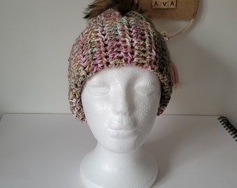 Brown and Multi Coloured Adult Beanie Hat with Tan Faux Fur Bobble