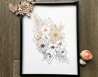 Geometric Florals Foiled Print | Hand-drawn Floral Botanical Illustration Art