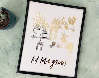 Plant Shelfie Foiled Print | Hand-drawn Botanical Houseplant Illustration